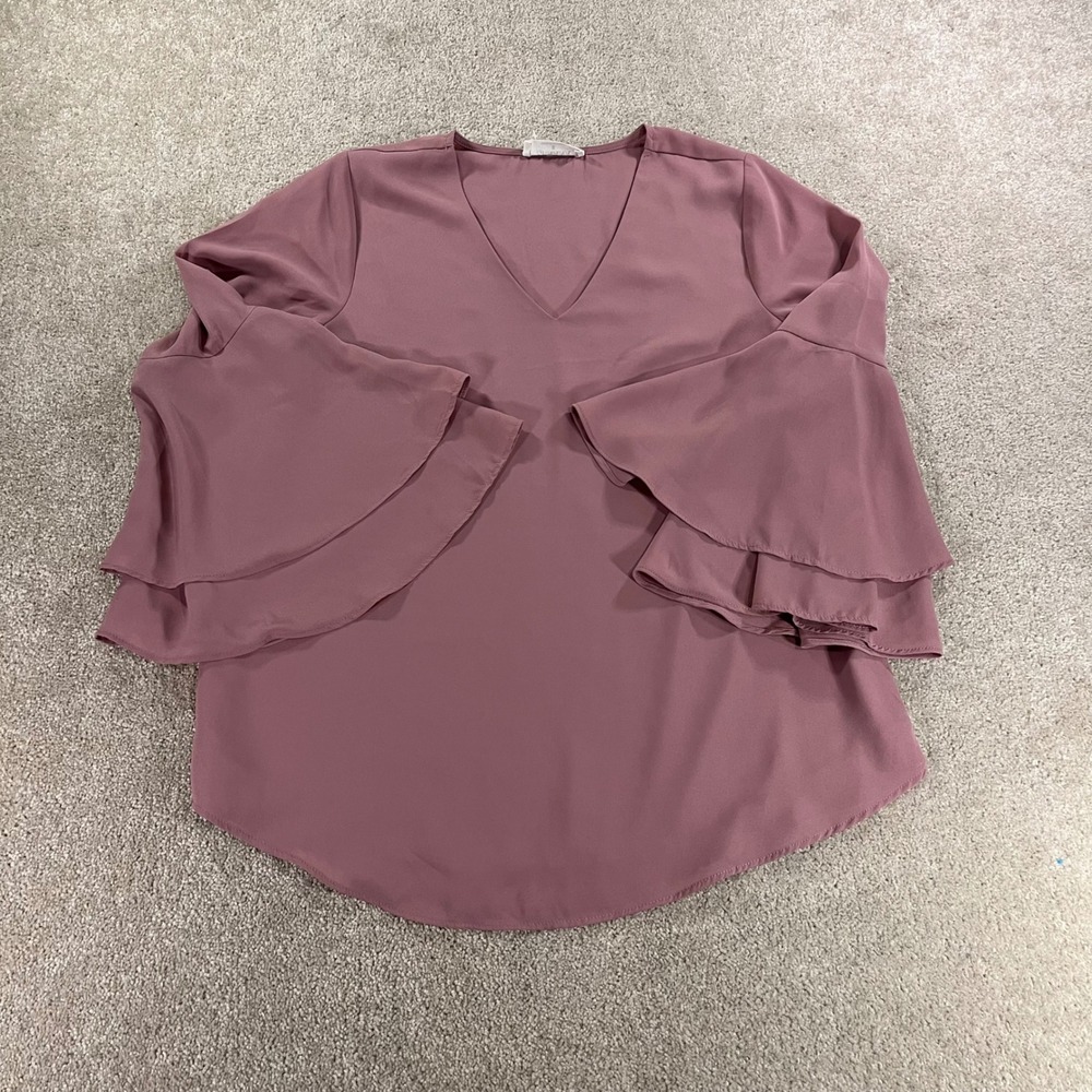 Zenana Blouse Womens Small Mauve Tiered Bell Sleeve V-Neck Occasional